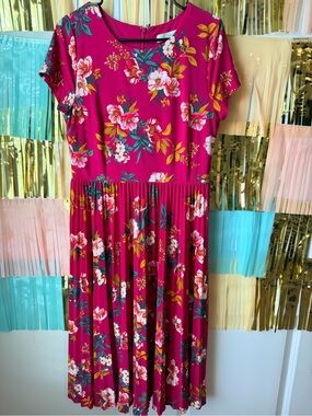 LOFT Bright Magenta Floral Dress with Multicolor Blooms